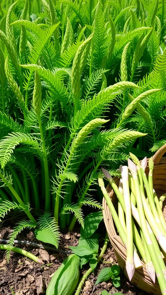 A garden bed with green asparagus plants and a basket of freshly harvested asparagus spears.